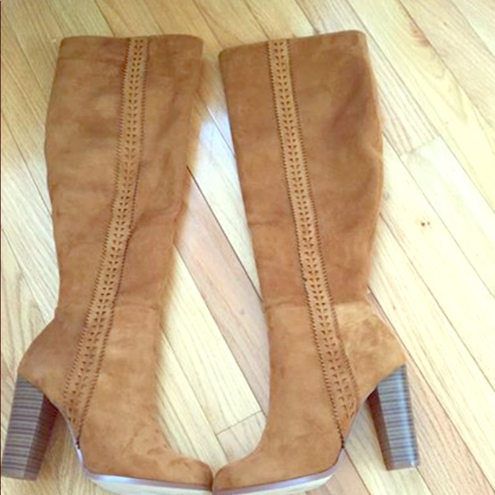 Missguided suede tall brown embroidered boots